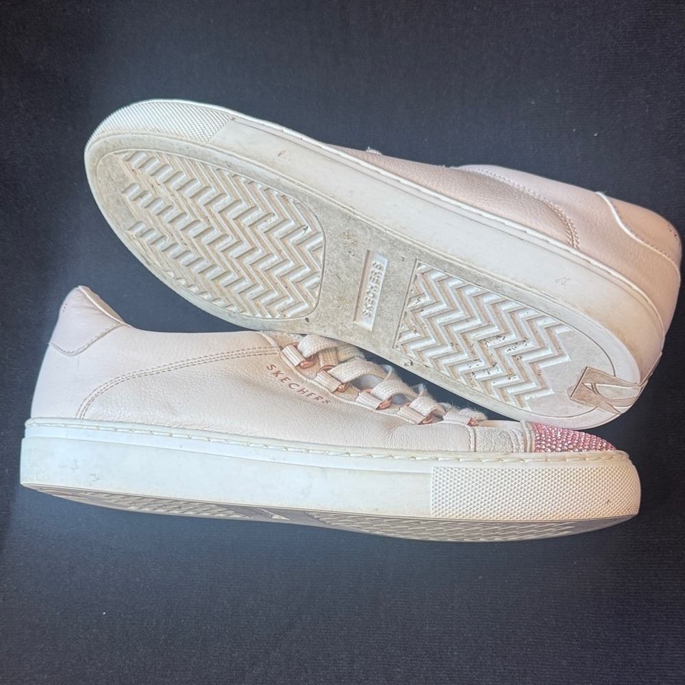 Skechers Street Los Angeles Cream Leather Pink Rhinestone Toe Sneakers Rose Gold - Picture 5 of 7
